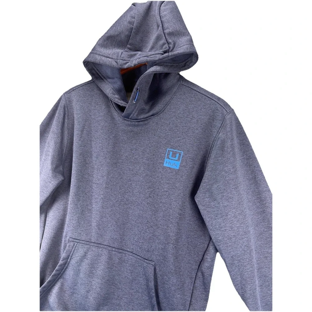 Huk Fishing Hoodie Heather Blue Performance Fleece Pullover Sweatshirt Outdoor S - Picture 6 of 12